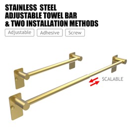 MIROAMZ Towel Bar, Adjustable 14.4inch - 25.2inch Towel Rack, Self Adhesive & Wall Mounted for Bathroom Kitchen Hand Towel Holder Cloths Hanger SUS 304 Stainless Steel Organizer Single Bar Gold