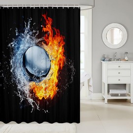 Ice Hockey Shower Curtain 3D Sport Fans Puck Hockey Bath Curtain Kids Puck in Red Flames and Blue Water Bathroom Shower Curtain Set Sport Theme Decor Waterproof Polyester Bathroom Curtains 72"x78"