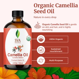 SVA Camellia Seed Oil Organic - 4 Fl Oz – 100% Natural Cold Pressed Organic Camellia Oil - for Face, Skin Care, Hair Care, Scalp Massage & Body Massage – Carrier Oil with Dropper