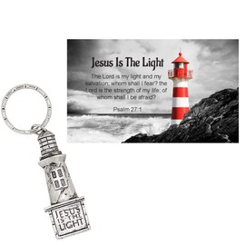 Jesus Is The Light Pewter Lighthouse keychains with Prayer Cards Bible Verse Keychain Favors Religious Keychains Bulk Christian Gifts For Men Women (12 Sets)
