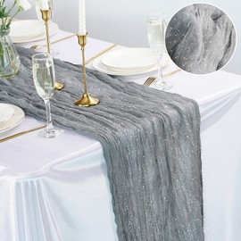 Gzcvba Cheesecloth Sparkly Table Runner 35x120 Inches Gauze Boho Rustic Cheese Cloth Table Runner for Baby Shower Wedding Party Easter Spring Summer Home Decorations (Silver Gray, 1 Pack-10FT)