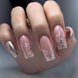 Pikabows Press On Nails Long Coffin Rhinestone Butterfly Flower French Tip Fake Nails Acrylic False Nail Tips Kit Glue on Nails for Women