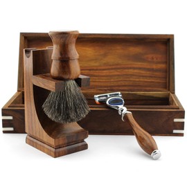 Haryali London Wooden Shaving Set with Safety Razor Badger Shaving Brush Shaving and Stand