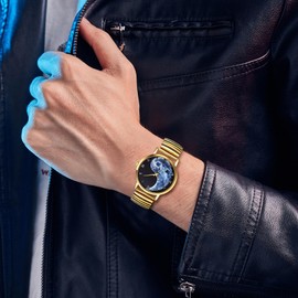 JewelryWe Pair of Watches Analogue Quartz Partner Friendship Wristwatch Elastic Metal Strap Ultra Thin Watch with Illuminating Hands Gift for Men Women Silver, Yin Yang – Gold – Men's Watch, Bracelet