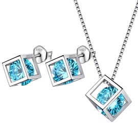 Aurora Tears Birthstone Necklace Stud Earrings Jewellery Sets Gifts Square Birthstone Pendant for Women and Girls 925 Sterling Silver, Jewellery Sets