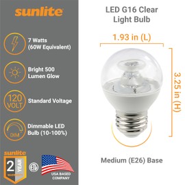 Sunlite G16 LED Dimmable Decorative Globe Vanity Light Bulbs, Clear, 7W (60W Equiv.), 500 Lumens, Medium E26 Base, Mirror Lights for Bedroom and Bathroom, 120V, ETL Listed, 3000K Warm White, 6 Pack