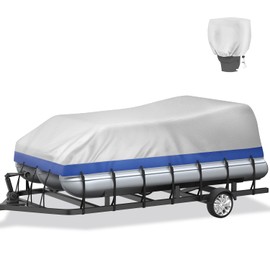 Pontoon Boat Cover Trailerable + Motor Cover, Pontoon Cover Heavy Duty 800D Solution-Dyed Polyester UV Resistant Marine Grade Waterproof Pontoon Boat Covers Fits 25'-28' L, Blue-Silver