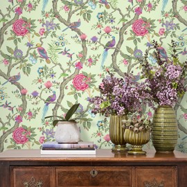 VEELIKE Vintage Bird Wallpaper Peel and Stick Green Chinoiserie Wallpaper for Bedroom Powder Room 17.7''x118'' Removable Floral Wallpaper Prepasted Green Contact Paper for Walls Cabinets Bookshelves