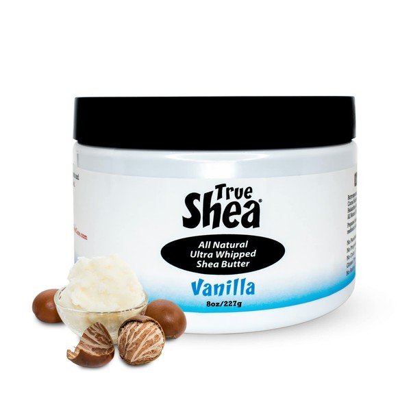 True Shea Moisturizing African Whipped Shea Butter, Vanilla, All-Natural Skincare Must-Have, Made from Unrefined Raw Shea Butter Enriched with Sunflower & Coconut Oil for Skin, No Parabens, 8 oz