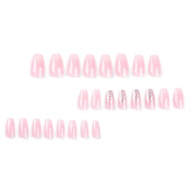 24PCS Reusable Fake Nails - Pressed Nails, Ins Style, Sticky Nails - Female and Female Fake Nails (Pink White Gradient Sparkling Powder)
