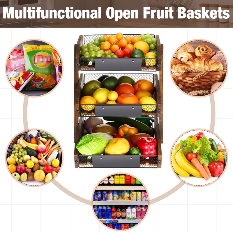 Briwooody Wooden Fruit Basket for Kitchen Counter with Banana Hangers