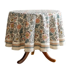 ISAENNE Floral Tablecloth for Round Tables,Linen Table Cloth with Gray-Green Tone and Silver Lotus Pattern,Heavy Durable Table Cover for Dining Kitchen Decor Party Christmas,Diameter 67"