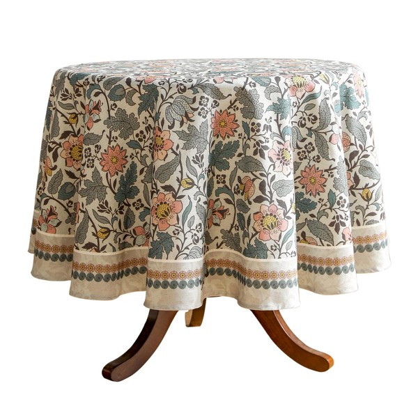 ISAENNE Floral Tablecloth for Round Tables,Linen Table Cloth with Gray-Green