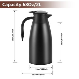 Dyserbuy 2L Thermal Coffee Carafe, Double Walled Vacuum Insulated Jug, Coffee Pot with Press Button Top, Stainless Steel Thermal Jug, Keep Hot & Cold Water, Black