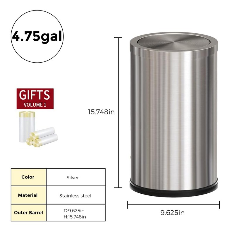 LEASYLIFE 4.8GALStainless Steel Bathroom Trash Can with Lid, Silver Trash
