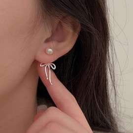 Pearl Bow Earrings For Women, 14k Gold/Silver Plated Bow Drop Dangle Cute Pearl Stud Statement Earring 2024 Trendy Jewelry Gift (Silver)