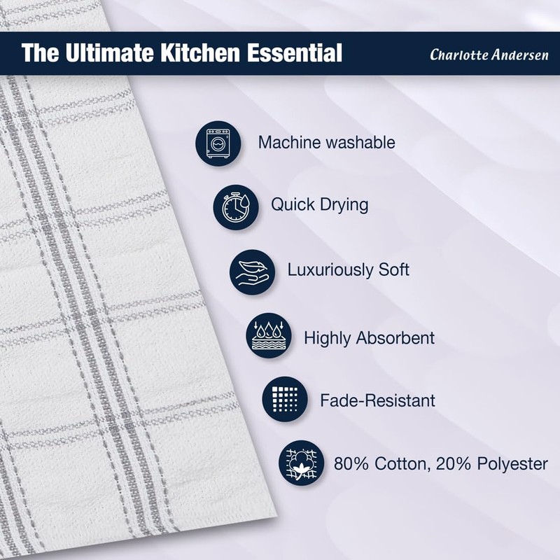 Charlotte Andersen Tea Towels for Kitchen 3 Pack Cotton Dish