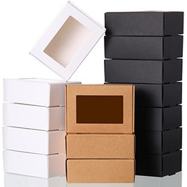 30 Pieces Mini Kraft Paper Box with Window Soap Packaging Boxes Present Packaging Box Treat Box for Homemade Soap Favor Treat Bakery Candy (Black Brown White,3.34 x 2.36 x 1.18 Inch)