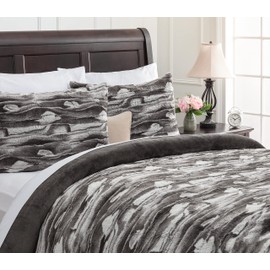 Chanasya Premium Faux Fur Marbled Swirl Duvet Cover Set - Faux Fur & Minky Blanket Duvet Cover (90” x 90”) & 2 Pillow Shams (20” x 26”) - 3-Piece Set,Impasto Gray Black, Queen