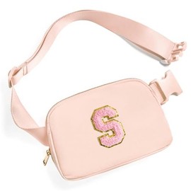NEW YEAR CHRISTMAS Belt Bag Fanny Pack Crossbody Bags with Initial Letter -  Birthday Gifts Cute Stuff for Teenager Girls Trendy Preppy Stuff - Color: Coral Pink, Style: L