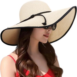 Dreshow Women's Wide Brim Straw Hat Foldable Protection Beach Hat Elegant Summer Sun Hat UPF 50+ - Beige Brim.