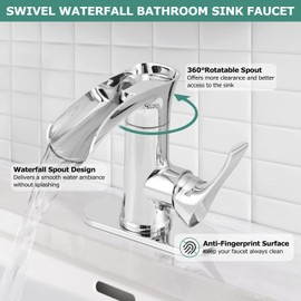 PARLOS Waterfall Bathroom Faucet with Swivel Spout, Single Handle Vanity Sink Faucet, Single Hole Basin Mixer Tap with Water Supply Lines, Chrome