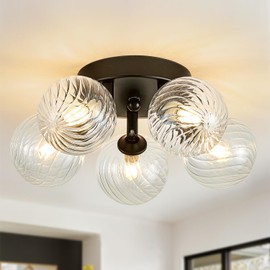 brfaixla 5 Lights Semi Flush Mount Ceiling Bubble Light Fixture Dia 12.6" Black Close to Ceiling Light Modern Swirled Clear Ribbed Blown Glass Ball Chandelier for Hallway Entryway Kitchen Dining Room