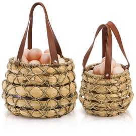 Goaste 2 Sizes Egg Collecting Baskets with Handle, Round Chicken Egg Storage Baskets, Handwoven Wicker Eggs Container for Gathering Fresh Eggs, Vintage Countertop Picnic Basket for Harvest, Kitchen
