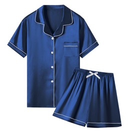 QZH.DUAO Short Sleeve Silky Pajamas Set for Girls, 2 Pcs Satin Sleepwear Button Down Nightwear Soft Pjs Set, Navy, 11-12Y=160