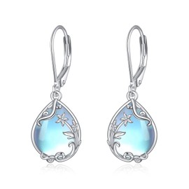 POPLYKE Moonstone Birth Flower Filigree Teardrop Drop Earrings Sterling Silver Birth Month Flower Leverback Earrings Jewellery, Sterling Silver, Moonstone