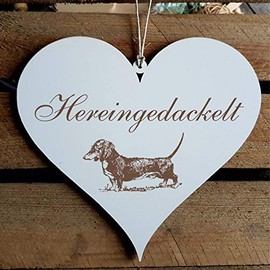 Door Sign "Hereingedackelt" Heart 13 x 12 cm – with Dachshund Motif – Decorative Sign Welcome