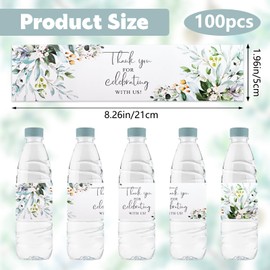 URROMA Water Bottle Label, 100Pcs Thank You for Celebrating with us Greenery and White Plant Wedding Water Bottle Wraps Sticker for Baby Shower