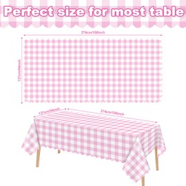 Ohkishly 2 Pack Pink Gingham Tablecloths, Pink and White Checkered Tablecloths Disposable Plastic Pink Plaid Table Cover for Outdoor Picnic, Holiday Dinner, Birthday Party