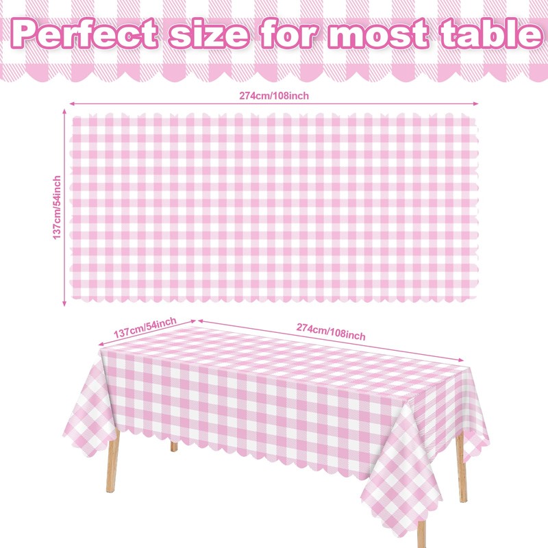 Ohkishly 2 Pack Pink Gingham Tablecloths, Pink and White Checkered