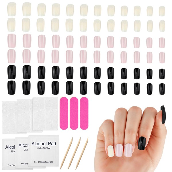 3 Sets Press on Nails Medium Square Fake Nails Glue