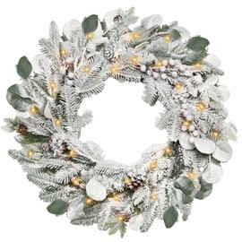 22 Inch Artificial Flocked Wreath with Lights, Christmas Wreath for Front Door with Red Berries Pine Cones, Christmas Decorations for Outdoor Indoor Home Party Decor