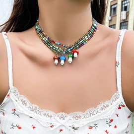 Azusa Sun Red Mushroom Pendant Necklace Sweet Fresh Mushroom Beaded Necklace Creative Bohemia Vacation Jewelry for Women