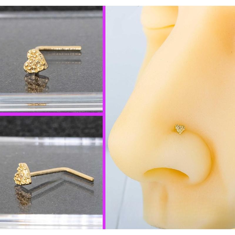 Solid Yellow Gold Nugget Heart Nose Stud, Heart Shape Nose