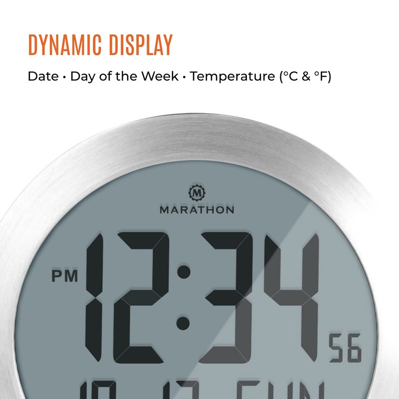 Marathon 10-Inch Round Digital Wall Clock, Stainless Steel - Large,