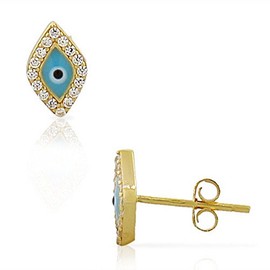 925 Sterling Silver Yellow Gold-Tone White CZ Evil Eye Hamsa Small Womens Girls Stud Earrings