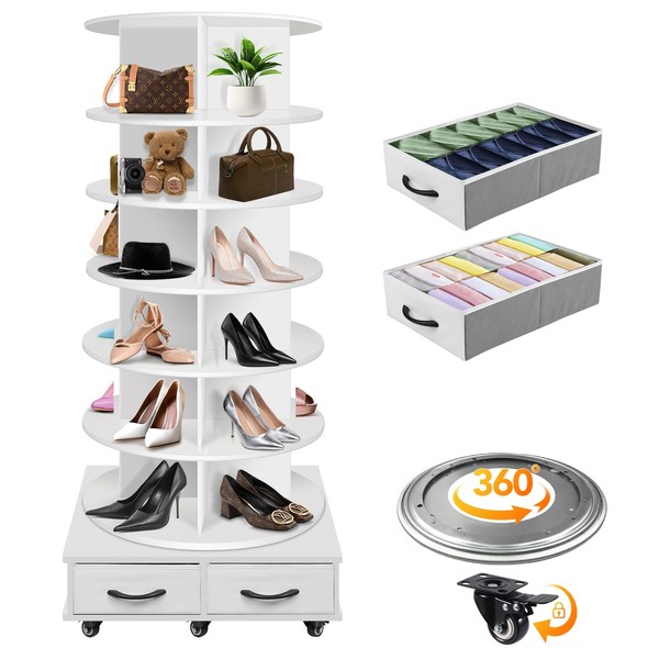 RUNSUNSPRI 7 Tier Rotating Shoe Rack Tower Contains 2 Drawers,