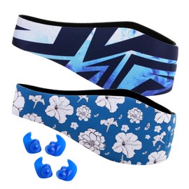 Waterproof Swimming Headband for Babies, Toddlers, Kids, Adults - Designed for Swimmer's Ears - Elastic Swim Hair Guard & Ear Guard - Keep Water Out, Hold Earplugs in Band (Blue/White, Medium)