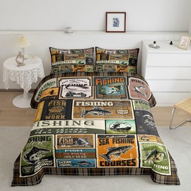 jejeloiu Fish Comforter Vintage Fish Stamp Pattern Comforter Set for Boys Girls Children Fishing and Hunting Brown Green Bedding Set Room Decor Twin Size with 1 Pillow Case