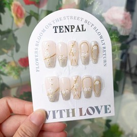 TENPAL French tips Press on Nails Medium Coffin,Cherry Blossom White Nails,Cat Eyes Soft Gel Fake Nails With Tools, Handmade Acrylic False Nails With Designs,Stick on Nails For Women 10pcs,XS Size