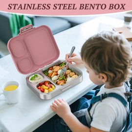 LOHASOK Stainless Steel Lunch Box, Leak-Proof with free sealing Bento Box 3 Compartments, Metal Lunchbox for Travel & Work, Eco-Friendly Meal Storage Solution Pink