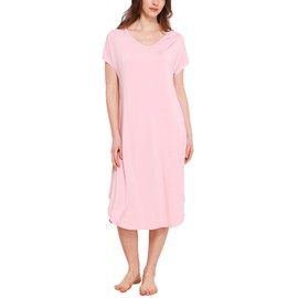 GYS Premium Bamboo Viscose Women's Nightgowns Short Sleeve V Neck Summer Pajama Dress, Pink, X-Large