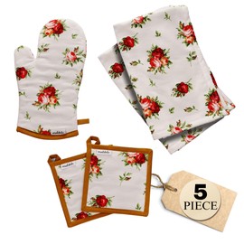 Muldale Oven Glove and Tea Towel Set 5 Pack - Rose Tea Towels and Pot Holders for Kitchen - English Rose Kitchen Decor - Soft and Absorbent - Kitchen Mittens