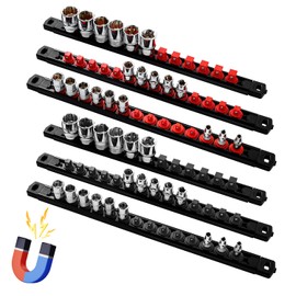 Reniteco Magnetic Socket Organizer, 6-Piece Heavty Duty ABS Socket Holder, Socket Rail for Tool Box, Premium Quality 360° Swivel Socket Rack with 80 Clips for 1/2, 3/8, 1/4-Inch(Red&Black)