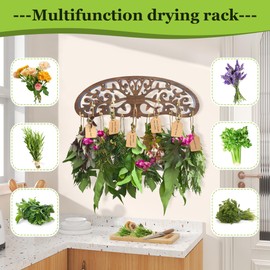 LkNNYY8 Rustic Herb Drying Rack Hanging,Wooden Tree of Life Dried Herb Flowers Rack Wall Art,Home Kitchen Witch Decor Wall Flowers Grass Gift,with 11 Hooks and 25 Gift Cards & 40 Inch Twine