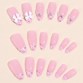 DANMANR French Fake Nails Medium Press on Almond Nails Cute Full Cover Acrylic Pearl Fake Nails for Women and Girls 24PCS